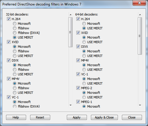 Windows7 DS Filter Tweaker Preferred Decoder After Change